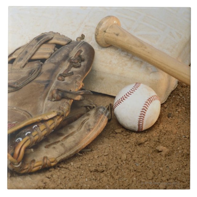 Baseball, Mitt, and Bat on Base Ceramic Tile (Front)