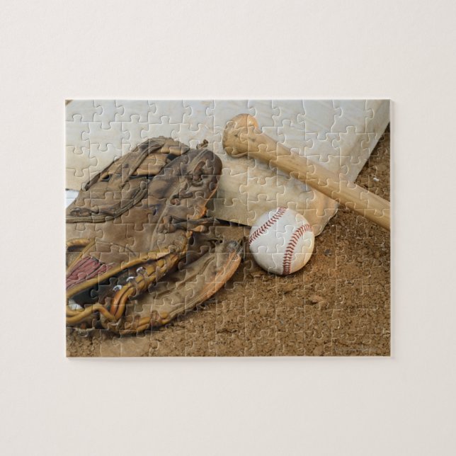 Baseball, Mitt, and Bat on Base Jigsaw Puzzle (Horizontal)