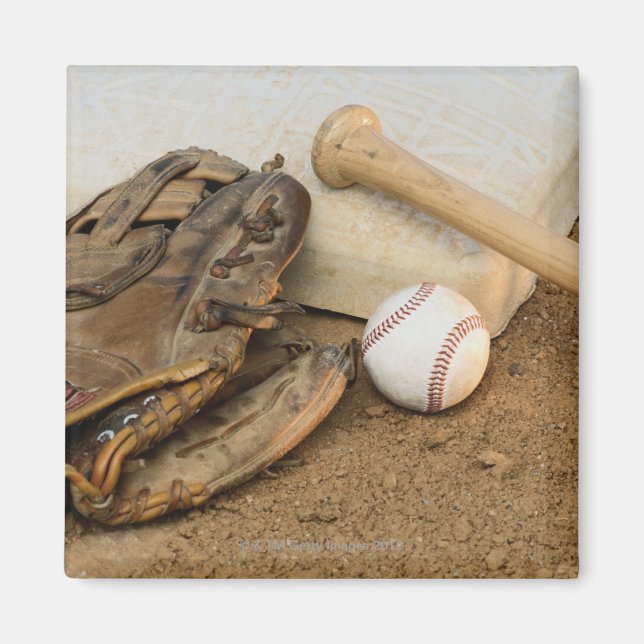 Baseball, Mitt, and Bat on Base Magnet (Front)