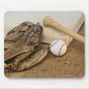 Baseball, Mitt, and Bat on Base Mouse Pad