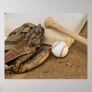 Baseball, Mitt, and Bat on Base Poster