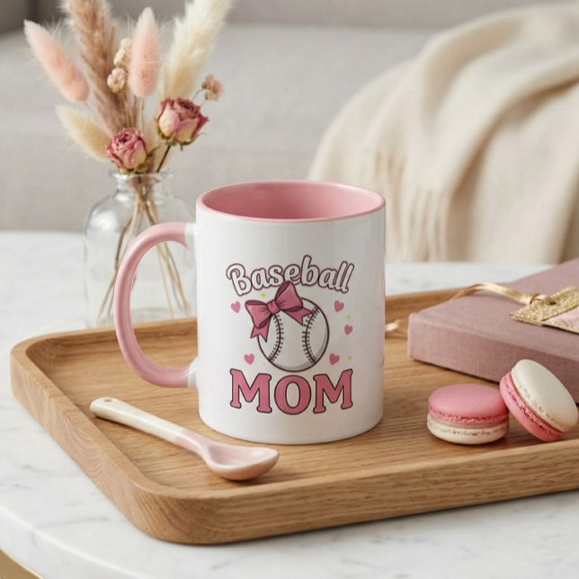 Baseball Mom Cute Pink Bow Design Mug (Baseball Mom Cute Mug)