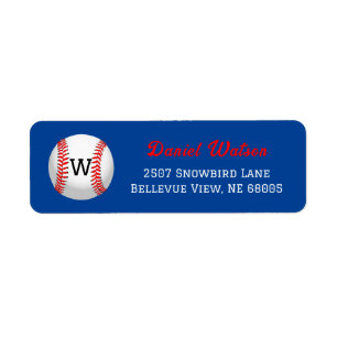 Baseball Monogram Red Script Return Address     Return Address Label
