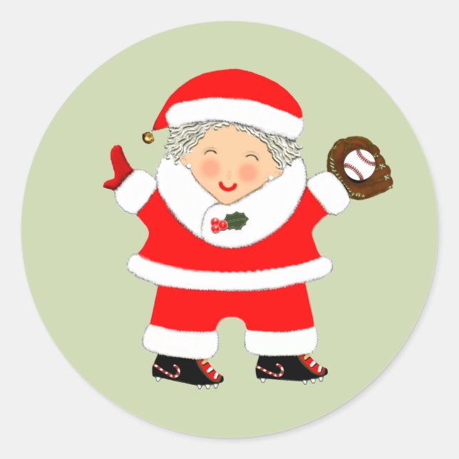 Baseball Mrs. Claus Classic Round Sticker (Front)