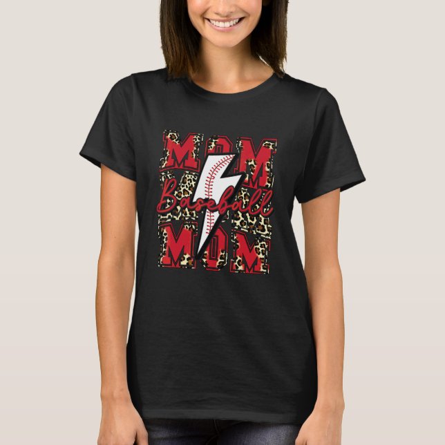 Baseball Mum Baseball Lightning Bolt Leopard Red T-Shirt (Front)