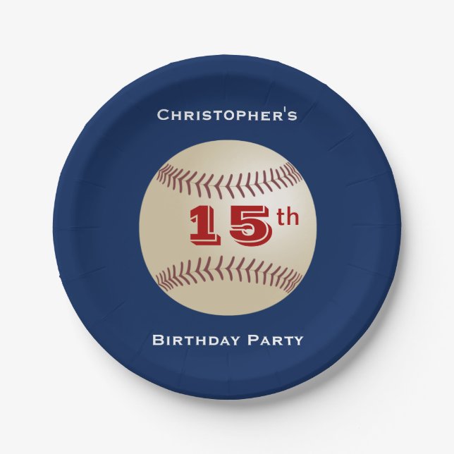 Baseball,  Name, 15th Birthday Party Paper Plate (Front)