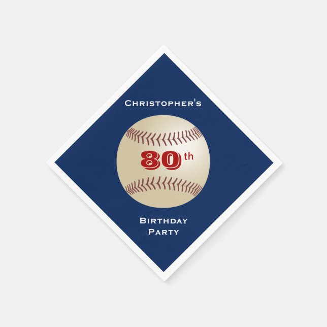 Baseball, Name, 80th Birthday Party Blue Paper Napkin (Corner)