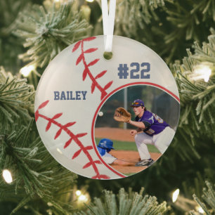 Baseball Name Jersey Number Photo Keepsake Glass Tree Decoration