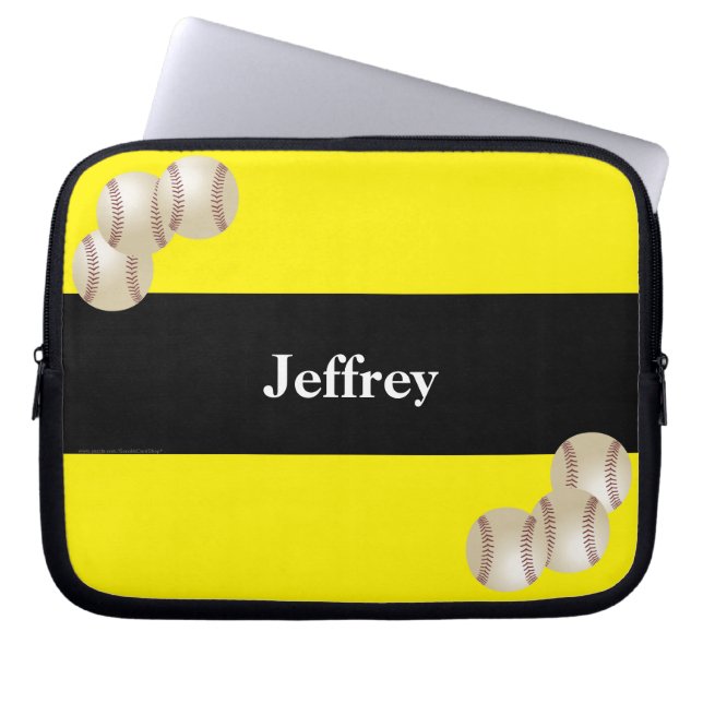 Baseball, Name, Yellow & Black Minimalist Computer Laptop Sleeve (Front)