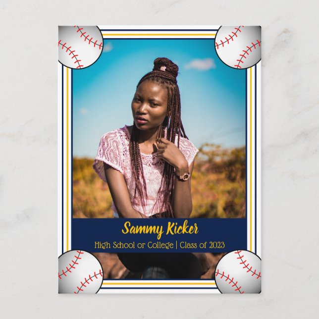 Baseball Navy & Gold Graduation Announcement Postcard (Front)
