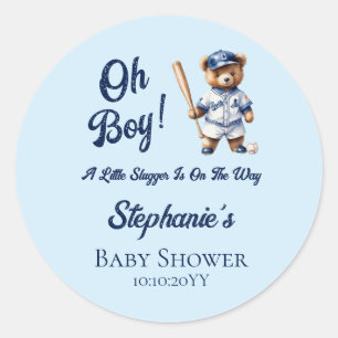 Baseball Oh Boy Baby Shower Cute Bear  Classic Round Sticker
