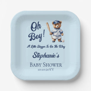Baseball Oh Boy Baby Shower Cute Bear Paper Plate