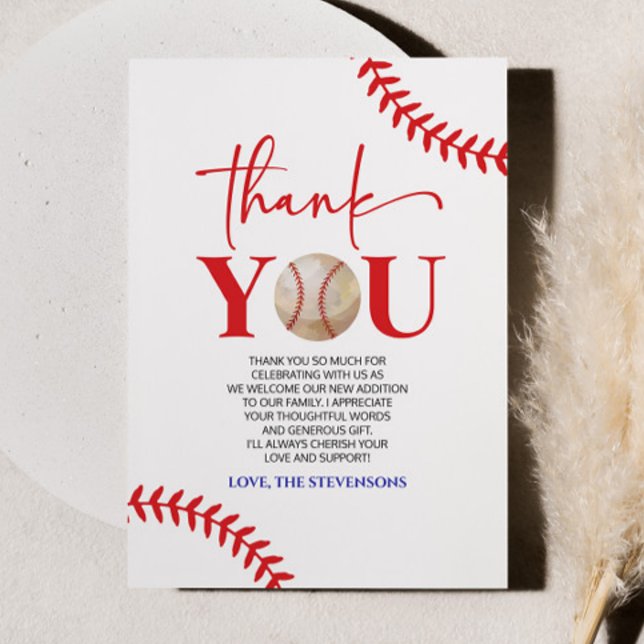 Baseball Oh Boy Blue Red White Baby Shower Thank You Card (Creator Uploaded)