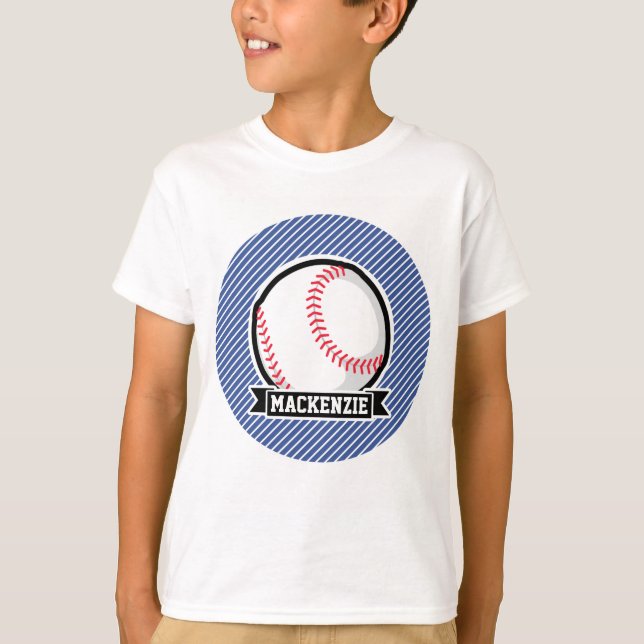 Baseball on Blue & White Stripes T-Shirt (Front)