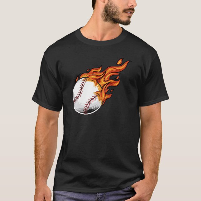 Baseball on Fire Flaming Ball Sports Action Fan T-Shirt (Front)