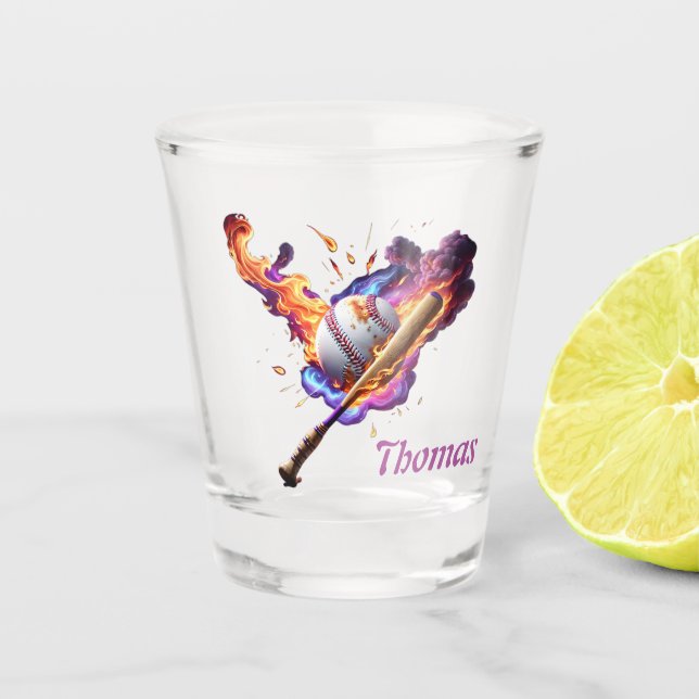 Baseball on Fire.  Shot Glass (Front)