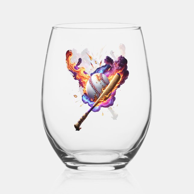 Baseball on Fire.  Stemless Wine Glass (Front)