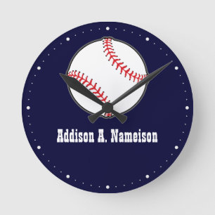 Baseball on Navy Blue Name Sports Room Boys Round Clock