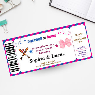 baseball or bows gender reveal Ticket Invitation