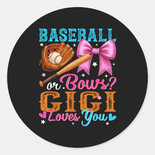 Baseball Or Bows Gigi Loves You Gender Reveal Baby Classic Round Sticker (Front)