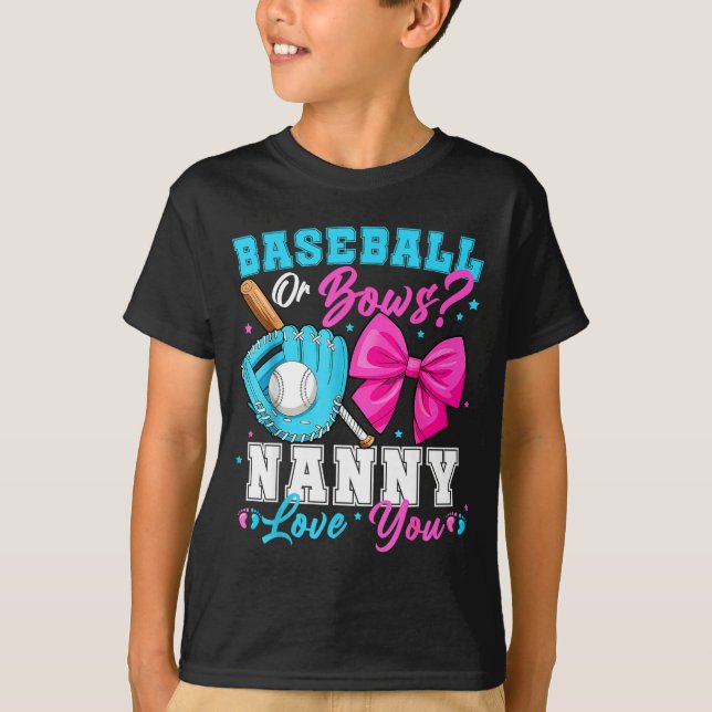 Baseball Or Bows Nanny Loves You Gender Reveal Fam T-Shirt (Front)