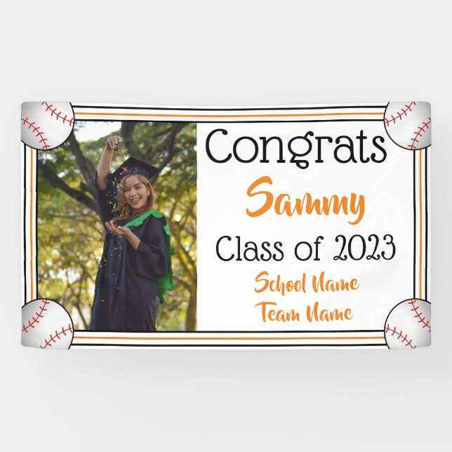 Baseball Orange & Black One Photo Graduation Banner (Horizontal)