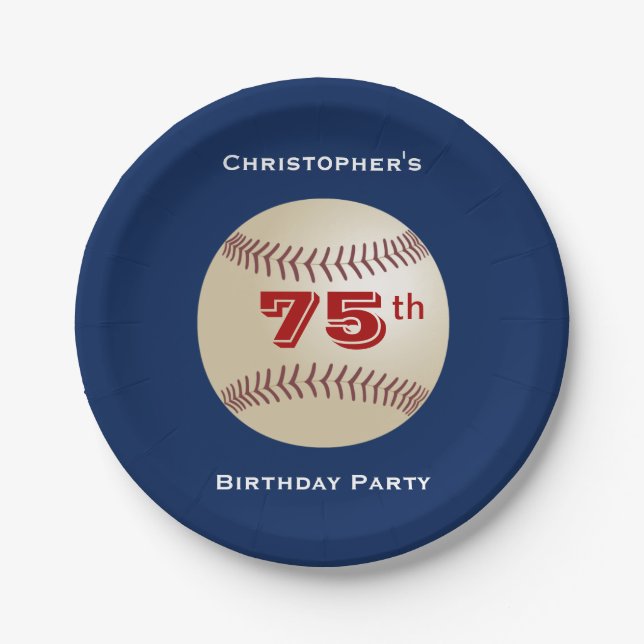 Baseball Paper Plates, 75th Birthday Party Plate (Front)
