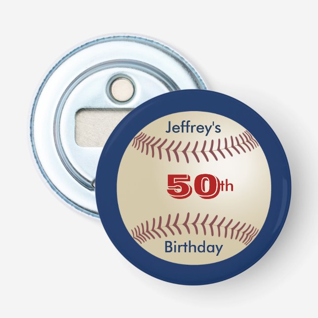 Baseball Party Favour 50th Birthday Name Button Bottle Opener (Front)