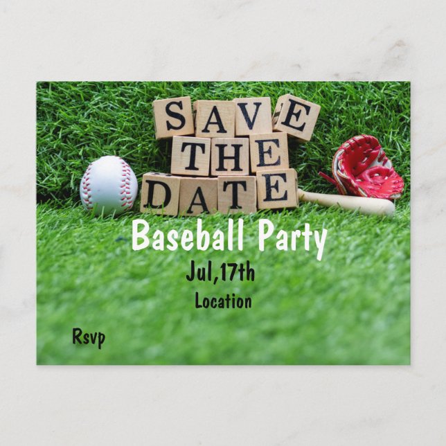 Baseball Party save the date on green grass Postcard (Front)