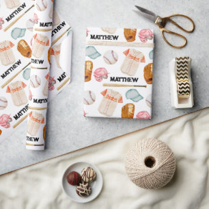 Baseball Pattern Kids Name  Wrapping Paper