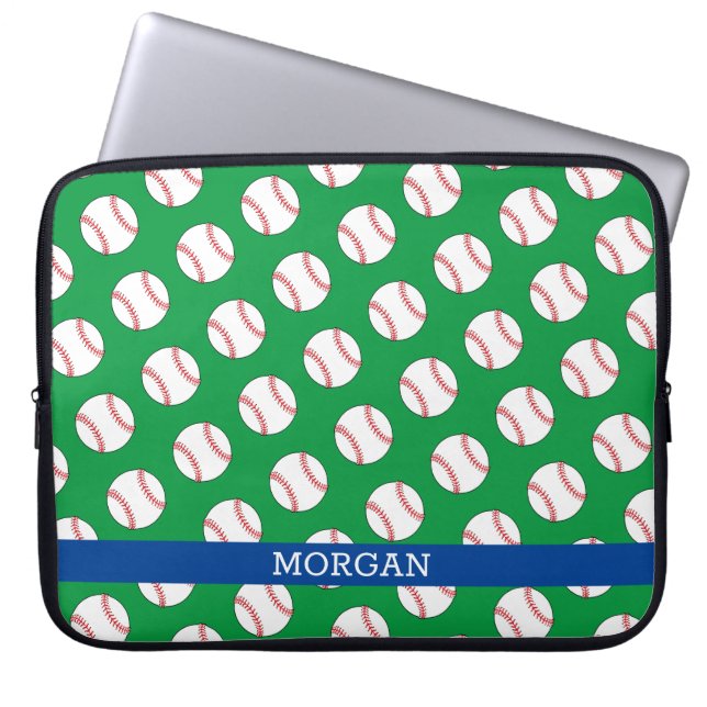 Baseball Pattern, Name, Blue & Green Laptop Sleeve (Front)