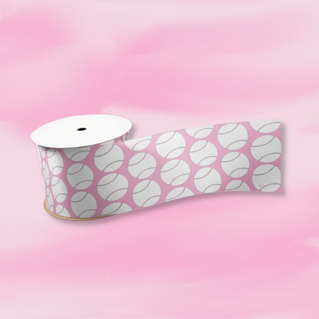 Baseball Pattern Pink Ribbon Satin Ribbon (Cute pink ribbon with a doodle baseball pattern .)