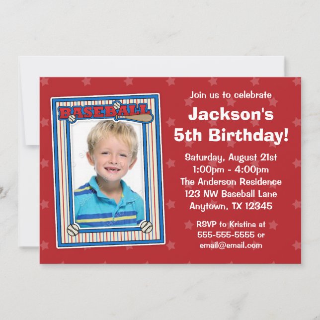Baseball Photo Birthday Party Red Stars Invitation (Front)