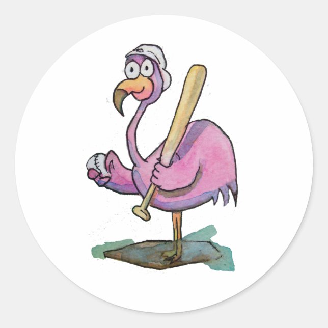 Baseball Pink Flamingo Whimsical Watercolor Classic Round Sticker (Front)