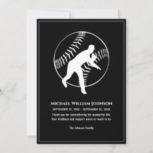 Baseball Pitcher Funeral Memorial Black And White Thank You Card