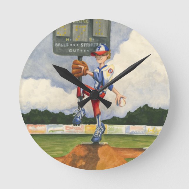 Baseball Pitcher on Mound by Jay Throckmorton Round Clock (Front)