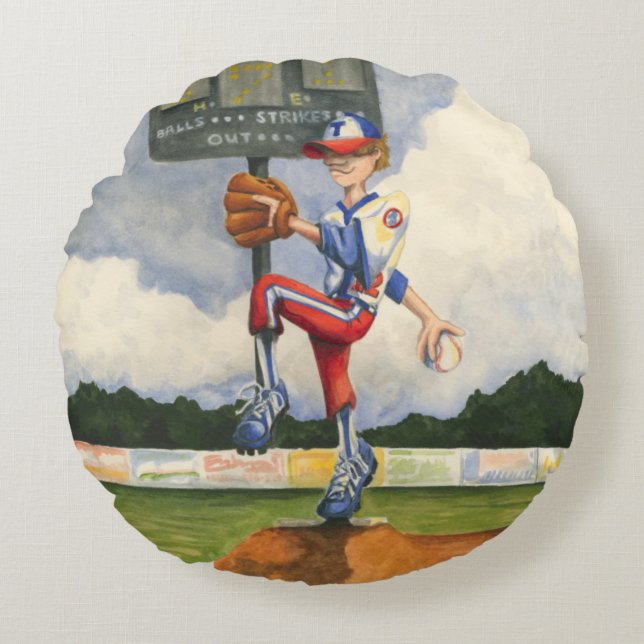 Baseball Pitcher on Mound by Jay Throckmorton Round Cushion (Front)