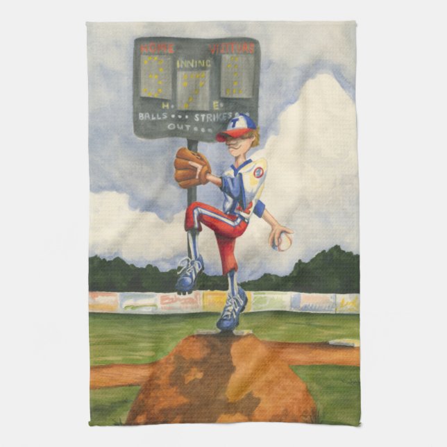Baseball Pitcher on Mound by Jay Throckmorton Tea Towel (Vertical)