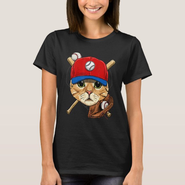 Baseball Player Cat Batter Pitcher Catcher Basebal T-Shirt (Front)