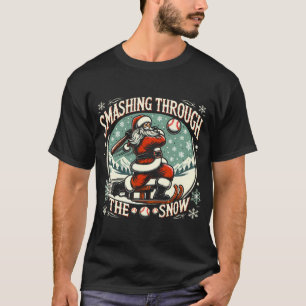 Baseball Player Christmas Santa Smashing Through T-Shirt