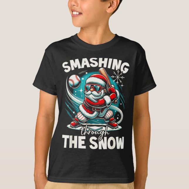Baseball Player Christmas Santa, Smashing Through  T-Shirt (Front)