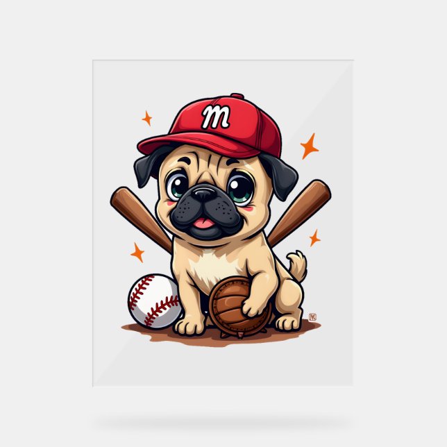 Baseball Player Coach Pug Dog Lover Pug Mum Acrylic Sign (Front)