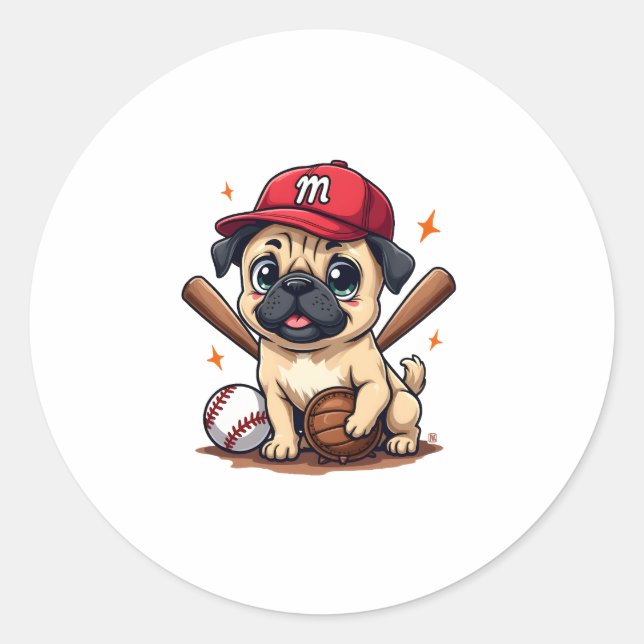 Baseball Player Coach Pug Dog Lover Pug Mum Classic Round Sticker (Front)