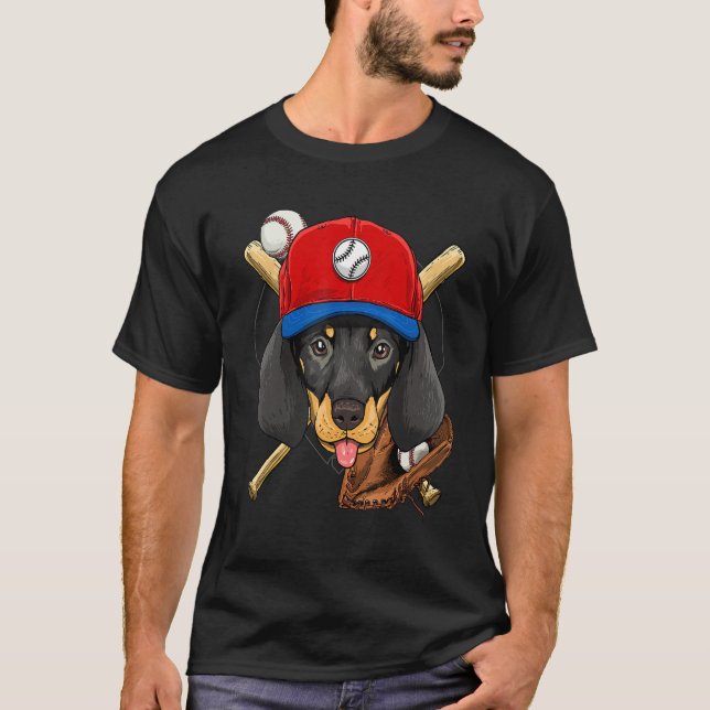 Baseball Player Coaches Dachshund Weiner Dog Pitch T-Shirt (Front)