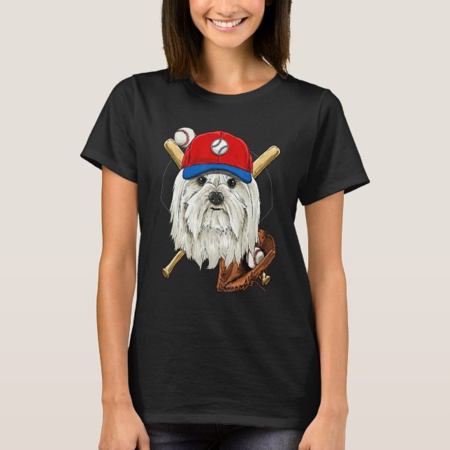 Baseball Player Coaches Maltese Dog  Pitcher Catch T-Shirt (Front)