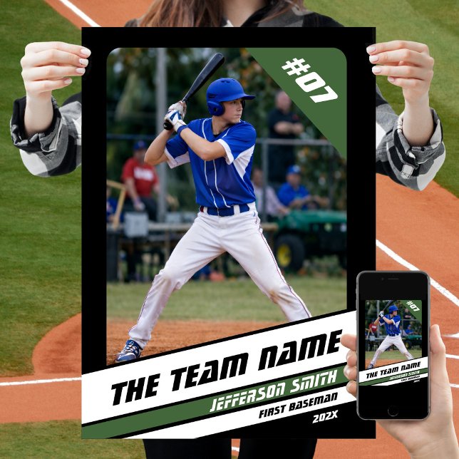 Baseball Player Custom Gift Black White Green Poster (Baseball Player Poster in Black with Custom Team Name and White Green Stripes)