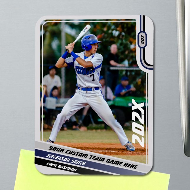 Baseball Player Custom Gift in Blue Magnet (Baseball Player Magnet in Light Grey with Custom Team Name and Grey Blue Stripes)