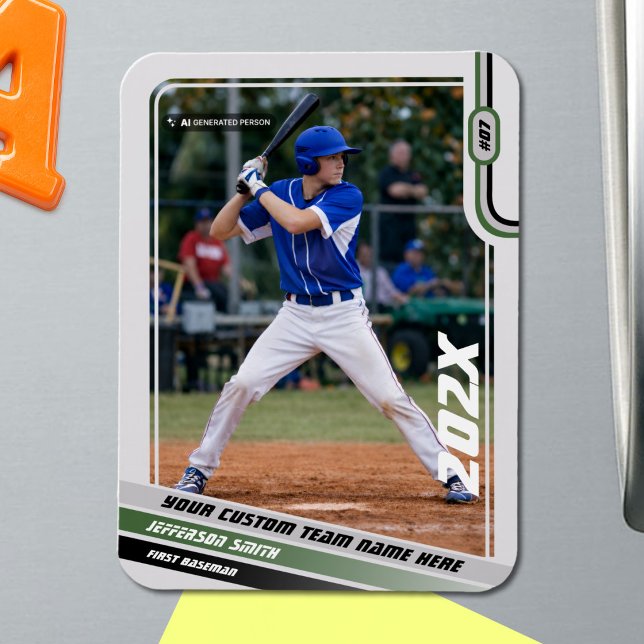 Baseball Player Custom Gift in Green Magnet (Baseball Player Magnet in Light Grey with Custom Team Name and Black Green Stripes)