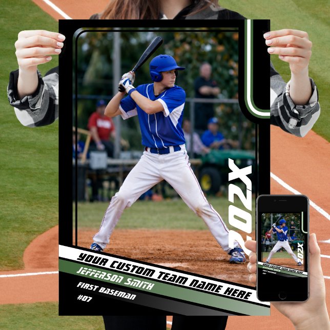 Baseball Player Custom Gift in Green Poster (Baseball Player Poster in Black with Custom Team Name and White Green Stripes)