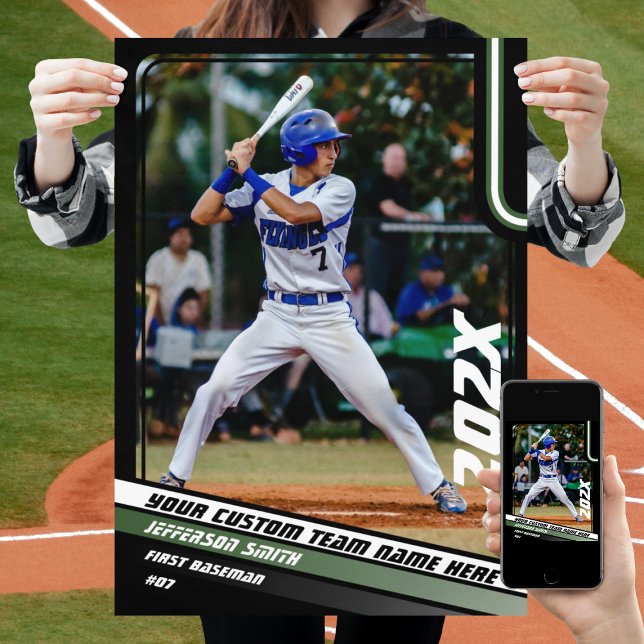 Baseball Player Custom Gift in Green Poster (Baseball Player Poster in Black with Custom Team Name and White Green Stripes)